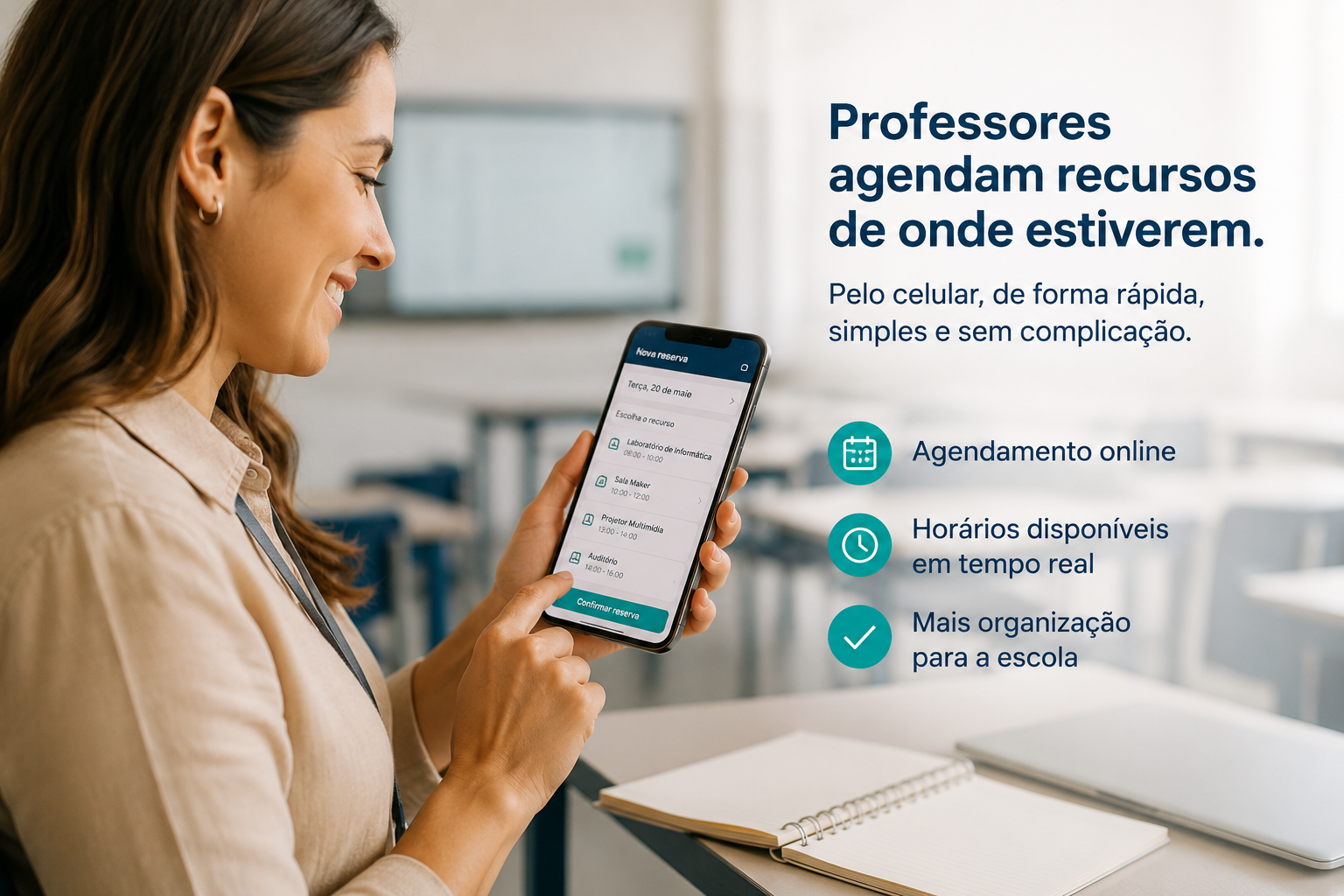 Professora agendando recursos da escola pelo celular