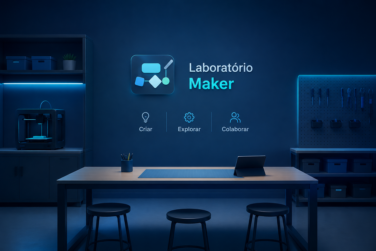 Espaço maker escolar com equipamentos para atividades práticas