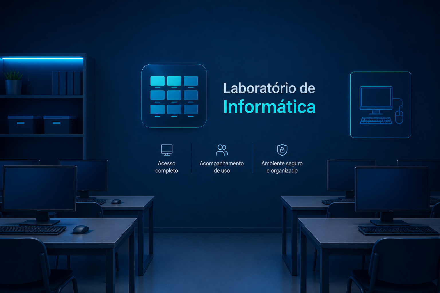 Laboratório de informática escolar organizado para reservas